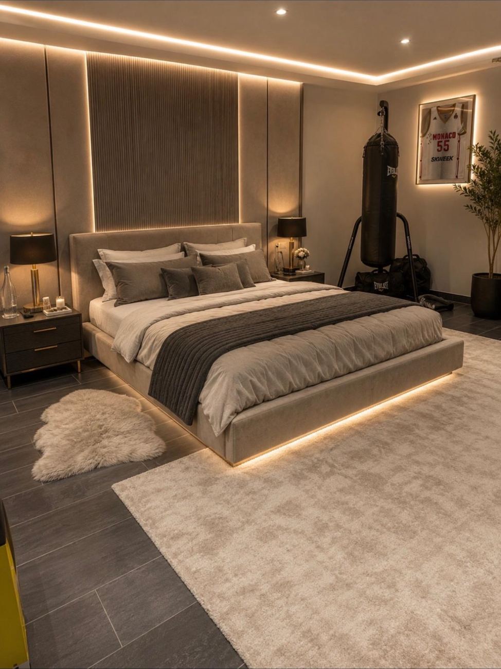 Chambre rénovée avec tête de lit capitonnée et éclairage LED, suivi de chantier assuré par un seul interlocuteur