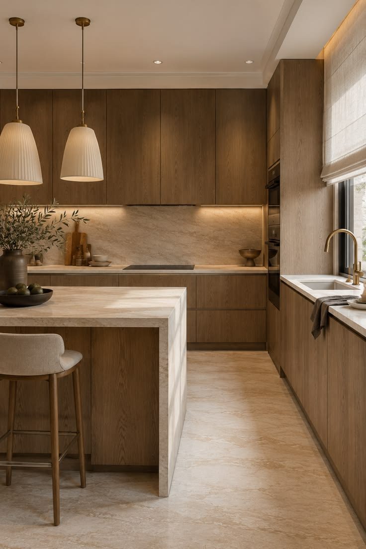 Cuisine rénovée avec îlot central et plan de travail en pierre